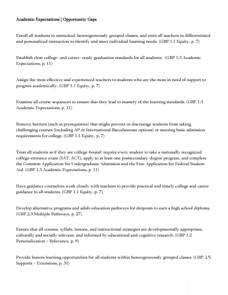 A document from the Great Schools Partnership lists academic expectation policies, such as enrolling all students in heterogeneous classes, providing differentiated instruction, offering advanced coursework to all, removing barriers, and supporting college and career readiness.