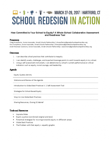 A flyer for “School Redesign in Action,” hosted by the Great Schools Partnership on March 27-28, 2017, in Hartford, CT. It details a session on assessing schools’ equity, featuring presenters, objectives, agenda, and related tools and resources.