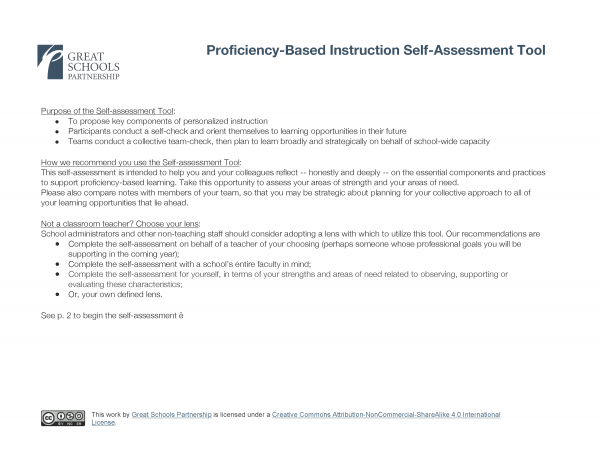 A self-assessment tool document from Great Schools Partnership titled “Proficiency-Based Instruction Self-Assessment Tool,” outlining its purpose, usage recommendations, and advice on selecting a school team for assessment.