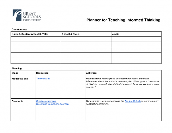 A planner template from Great Schools Partnership for teaching informed thinking, with sections for contributor info, planning stages, resources, and activities—plus example links and instructions for Model the skill and Give tools stages.
