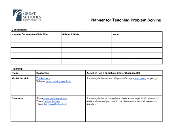 A planner template for teaching problem solving, featuring sections for contributors, planning stages, resources, and activities. Example links include Think-alouds, group-solving, the Scientific Method, and Great Schools Partnership strategies.