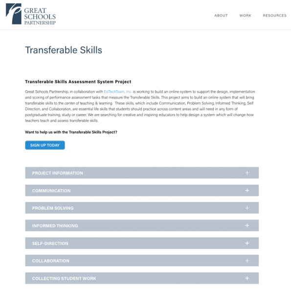 A Great Schools Partnership webpage about the Transferable Skills Assessment System Project, featuring sections for Project Information, Communication, Problem Solving, Informed Thinking, Self-Direction, Collaboration, and Collecting Student Work.