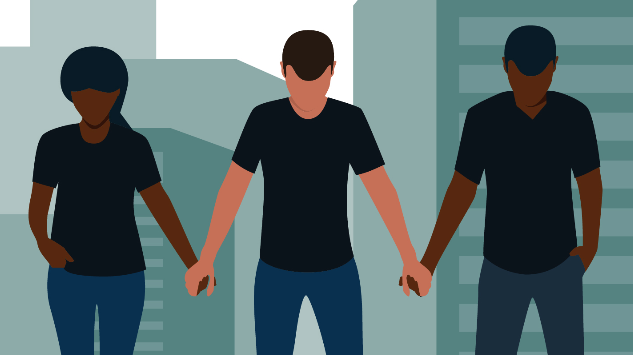 Illustration of three people standing side by side, holding hands, with buildings in the background. The group appears unified and supportive—a scene reminiscent of Cooper’s timeless themes of community and connection.