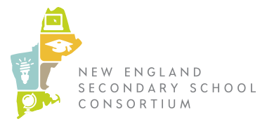 Logo for the New England Secondary School Consortium featuring a map outline and four icons—a laptop, graduation cap, lightbulb, and apple—highlighting education themes and the importance of teacher diversity in the educator workforce.