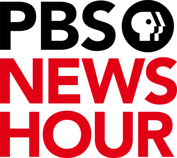 PBS NewsHour logo with PBS in black and the PBS head icon, and NEWS HOUR in bold red letters below.