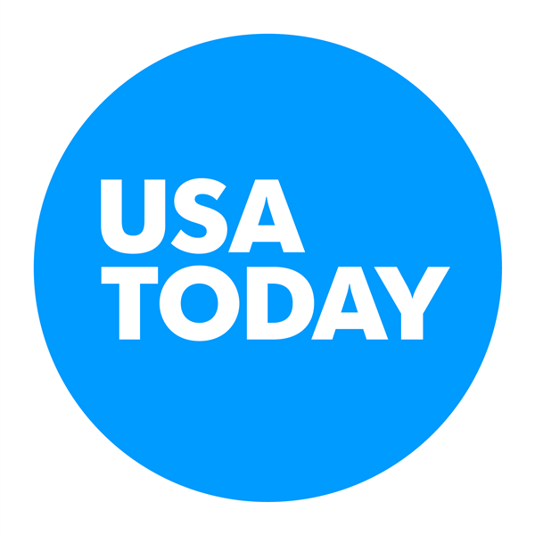 The image shows the USA TODAY logo, featuring white bold capital letters spelling USA TODAY centered inside a solid bright blue circle on a white background.