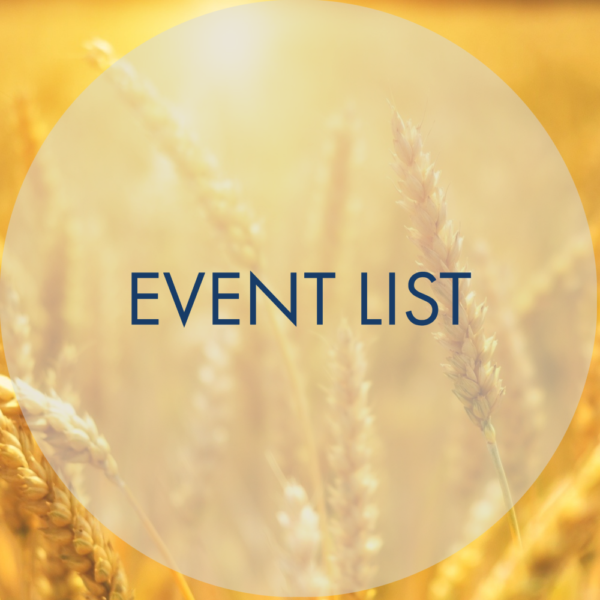 A wheat field with golden stalks in soft focus and warm light, overlaid with a translucent white circle and the words 2023 Summer Events in bold blue letters at the center.