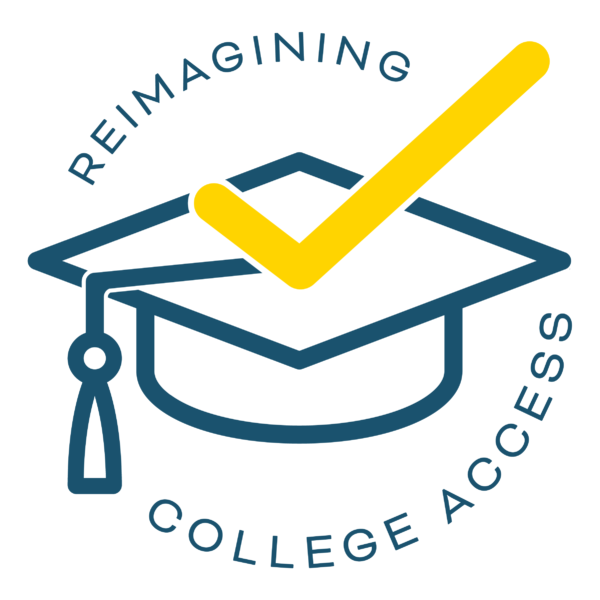 A blue graduation cap with a large yellow checkmark over it is featured, with the words "Reimagining College Access" circling around the cap—perfect for a BLANK TEST PAGE design.