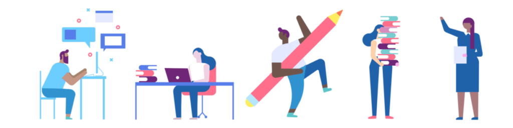 Illustration of four scenes: a person working at a computer, a person studying at a desk with books, a person holding a giant pencil, and a teacher holding papers, facing a student carrying a stack of books.