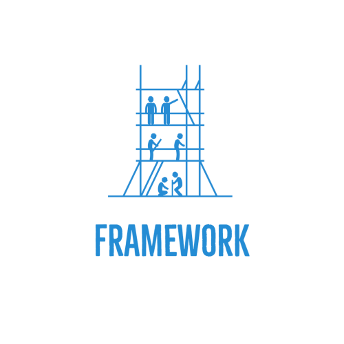 Blue line drawing of four people working on different levels of scaffolding, representing Project Learning Champions, with the word FRAMEWORK in large blue letters below the illustration on a light gray background, inspired by Rhode Island.