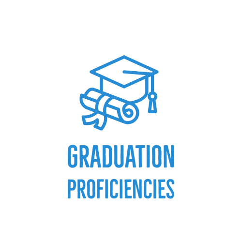 Blue outline of a graduation cap and diploma above the words Graduation Proficiencies on a light gray background, highlighting Rhode Island Learning Champions’ commitment to advancing Rhode Island education.