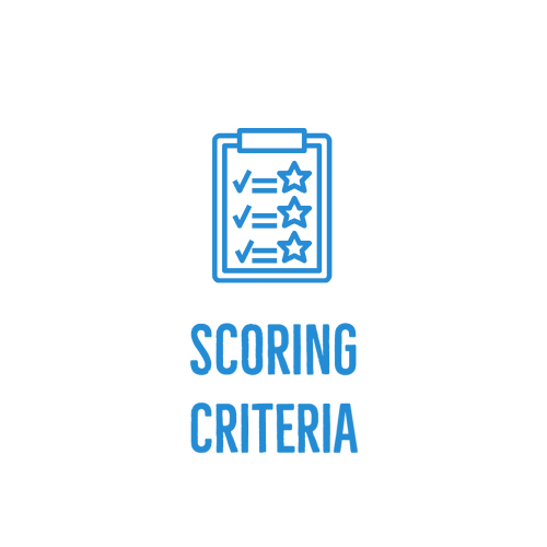 Blue icon of a clipboard with checkmarks and stars, representing a checklist for Project or Learning Champions. Below the icon, the text reads SCORING CRITERIA in blue uppercase letters on a white background—perfect for Rhode Island initiatives.