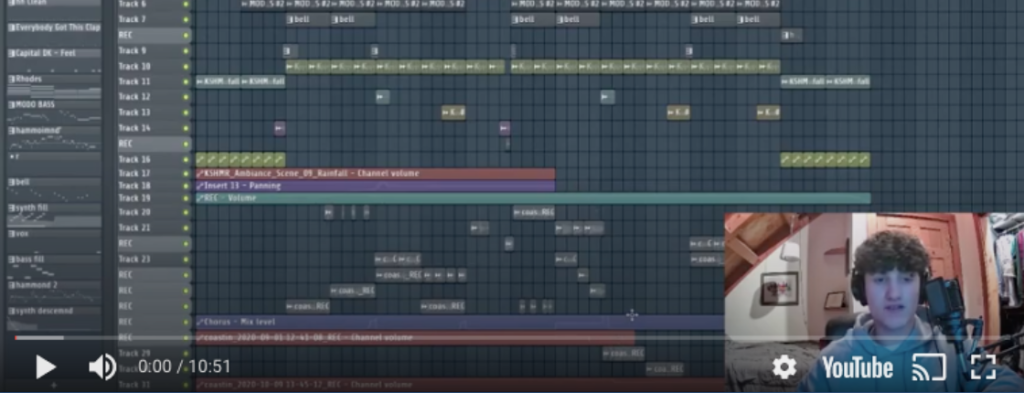 A music production software interface with multiple tracks visible. In the bottom right corner, Jay Gardoqui, a young person with curly hair, appears on webcam for a Student Interview. YouTube controls are shown along the bottom of the screen.