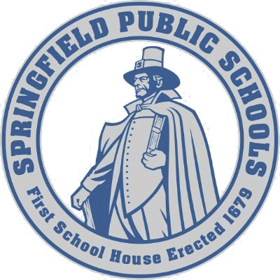 Logo for Springfield Public Schools featuring a man in colonial-era clothing holding a book, symbolizing Springfield's success story, with the text Springfield Public Schools and First School House Erected 1679 around the border.