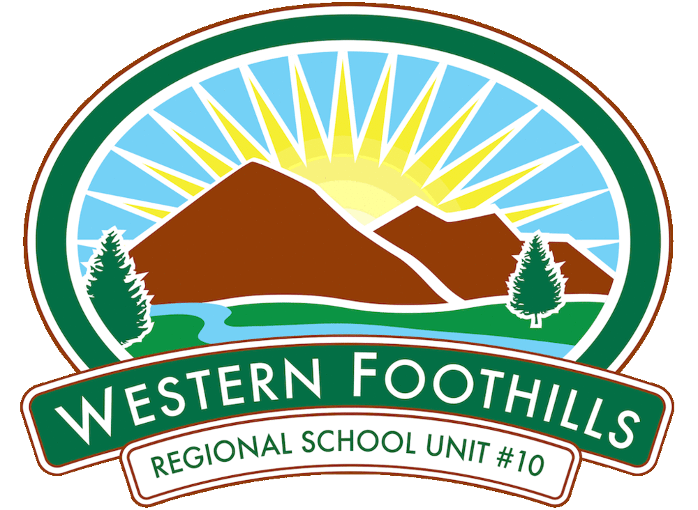 Logo for RSU-10 Western Foothills Regional School Unit, featuring a sunrise over brown mountains, green trees, a river, and a green and white circular border with the organization’s name—a true Success Story in education.