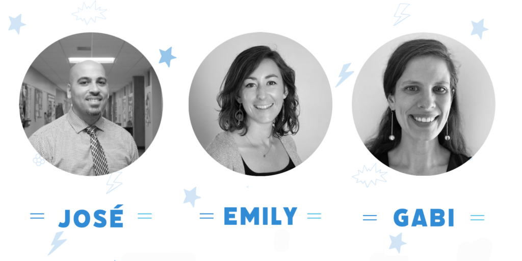 Black and white photos of three people—Senior Associates José, Emily, and Gabi—each labeled with their names. Each portrait appears in a circle, surrounded by blue star and lightning bolt graphics.