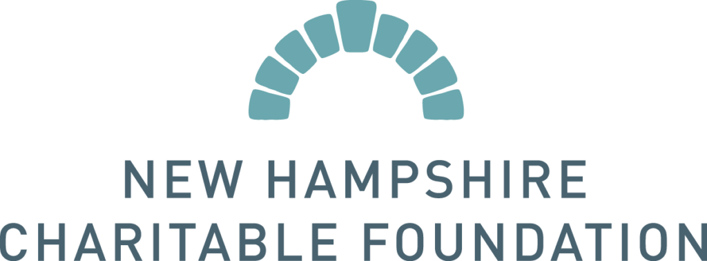 Logo for the New Hampshire Charitable Foundation featuring a semi-circle arch of blue-green blocks above the organization's name in uppercase letters, highlighting its role in the 2024 Report and the Common Data Project initiatives.