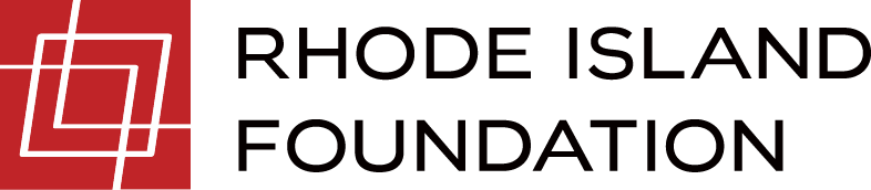Logo of the Rhode Island Foundation featuring overlapping red squares on the left and the organization name in black uppercase text on the right against a light background, as seen in their 2024 Report from the Common Data Project.