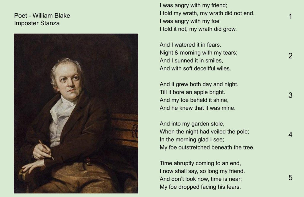 A painting of William Blake sits on a bench with a pen in hand, looking upward. Next to him is the poem Imposter Stanza, its five numbered stanzas on a light green background—an artistic nod to the success story of Nokomis.