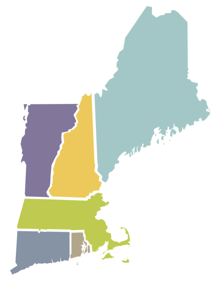 A simplified, color-coded map of the six New England states highlights regional diversity, with Maine, New Hampshire, Vermont, Massachusetts, Rhode Island, and Connecticut each displayed in a distinct color and without labels or borders to other regions.