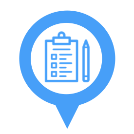 Blue map pin icon containing a clipboard with a checklist and a pencil, symbolizing roadmap planning, tasks, notes, or survey location for educators and proficiency-based learning.