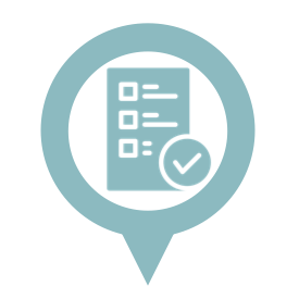 A blue map pin icon with a checklist and checkmark symbol in the center, representing proficiency-based learning or location-based tasks for educators.