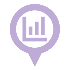 A purple map pin icon with a white circle in the center, featuring a bar chart of four vertical bars—perfect for illustrating roadmap progress or tracking proficiency-based learning for educators.