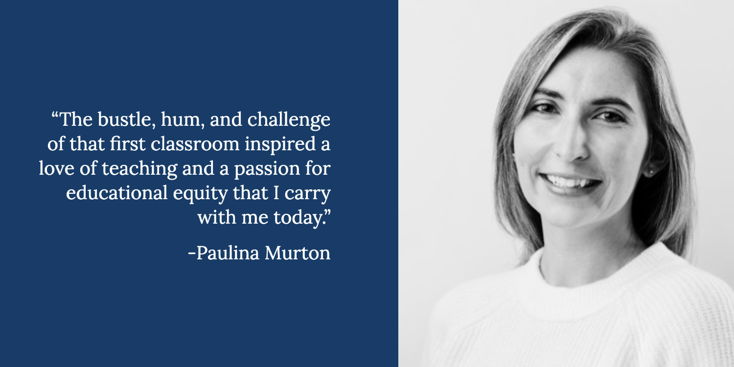 Black-and-white photo of Paulina Murton, Associate Director of Engagement, smiling in a light sweater. Next to her is a quote about teaching and educational equity on a dark blue background, highlighting the importance of networking.