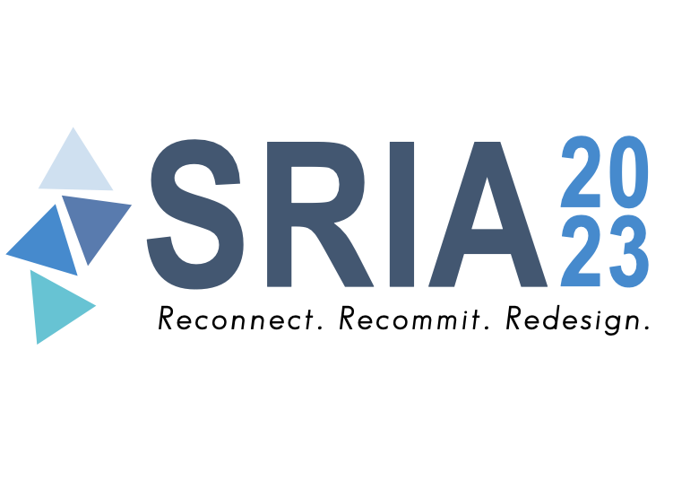 SRIA 2023 logo with blue geometric shapes on the left, bold “SRIA” text, “2023” in blue stacked vertically, and the tagline “Reconnect. Recommit. Redesign.”—perfect for an Education Conference on School Redesign.