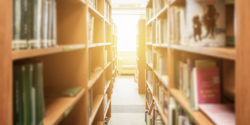 A sunlit library aisle with wooden bookshelves on both sides, filled with books approved by School District Policy, leads to a bright window and a chair at the end of the aisle.