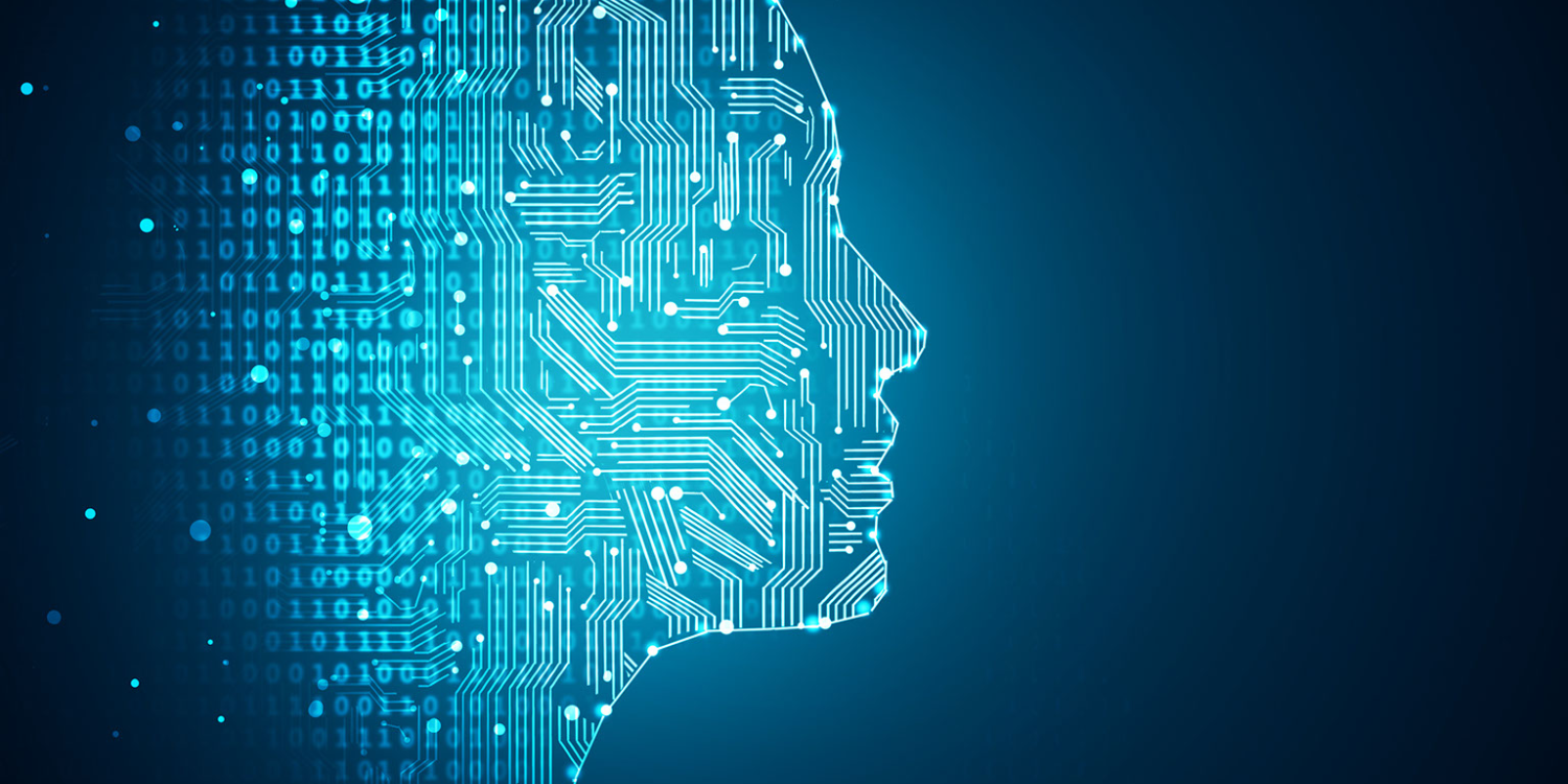A digital illustration of a human profile made from glowing blue circuit lines and binary code on a dark blue background, symbolizing artificial intelligence, education, and technology like ChatGPT.