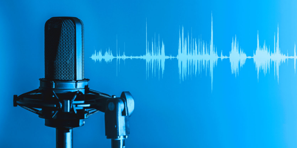 A studio microphone on a stand is shown in close-up against a blue background, with a digital sound wave graphic displayed to the right, symbolizing podcasting about diversifying the educator workforce.