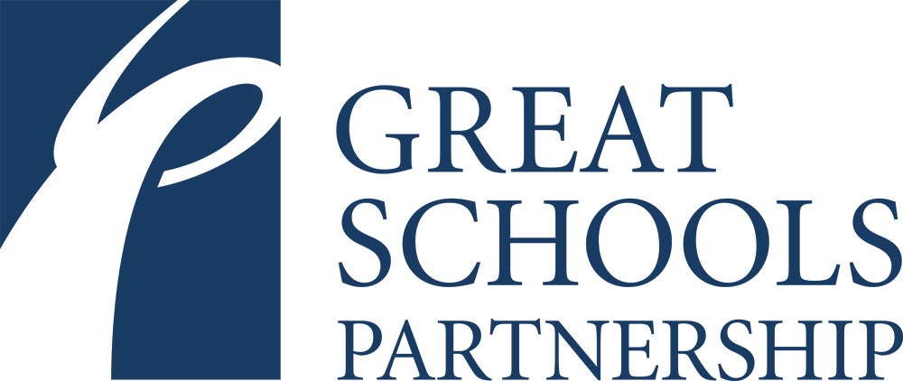 Logo of Great Schools Partnership with a blue square on the left featuring a white abstract design, and the words Great Schools Partnership in blue capital letters on the right.