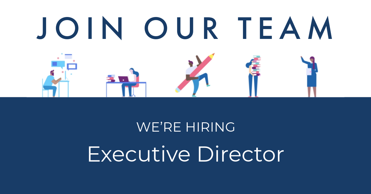 JOIN OUR TEAM. We're hiring Executive Director. Illustration of people working, holding pencil, books, and giving a presentation above the text on a blue and white background. Learn more in our GSP Monthly Dispatch or browse the Issue Archive.