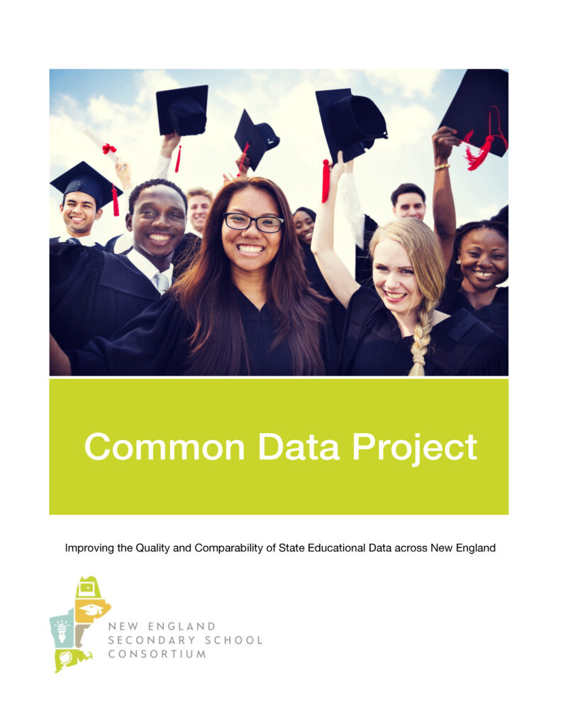 A diverse group of smiling graduates in caps and gowns celebrates together, with one holding a diploma. Text reads Common Data Project and Improving the Quality and Comparability of State Educational Data across New England.