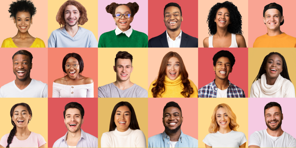 A grid of twenty diverse young adults, each smiling against colorful, solid backgrounds. The students vary in gender, ethnicity, and hairstyle, embodying culturally responsive values while expressing happiness and positivity.