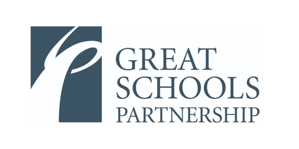The Great Schools Partnership logo features a stylized white pathway or road on a dark blue square, next to the words Great Schools Partnership in uppercase blue letters—symbolizing how students and the Board of Directors meet for educational excellence.