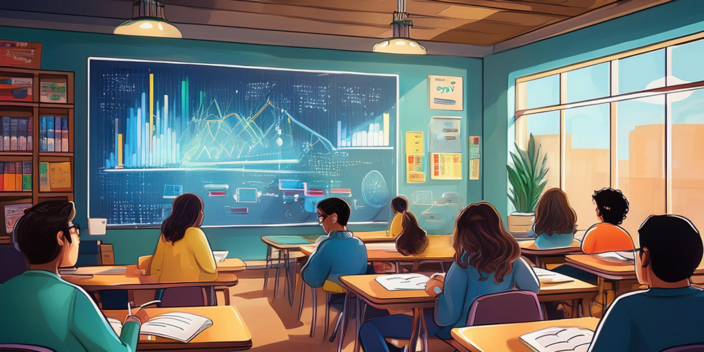 A classroom with students at desks faces a large digital board displaying colorful charts and graphs for data analysis. Sunlight streams through tall windows, while bookshelves line the wall, creating a modern, engaging learning environment.