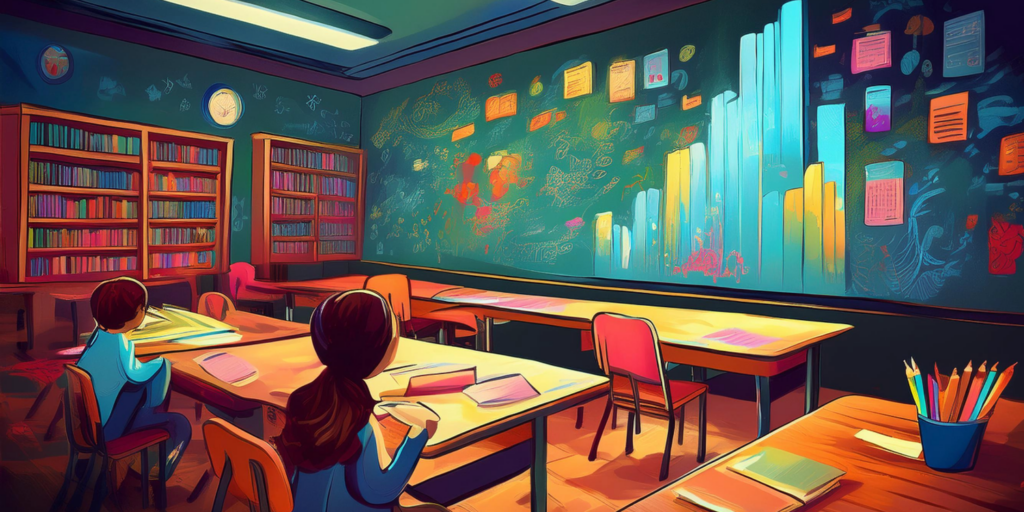 A colorful classroom with students at desks, bookshelves lined with books, and a large chalkboard displaying vibrant charts and notes. Sunlight streams in, fostering equity in education and effective instruction in this warm, inviting learning environment.