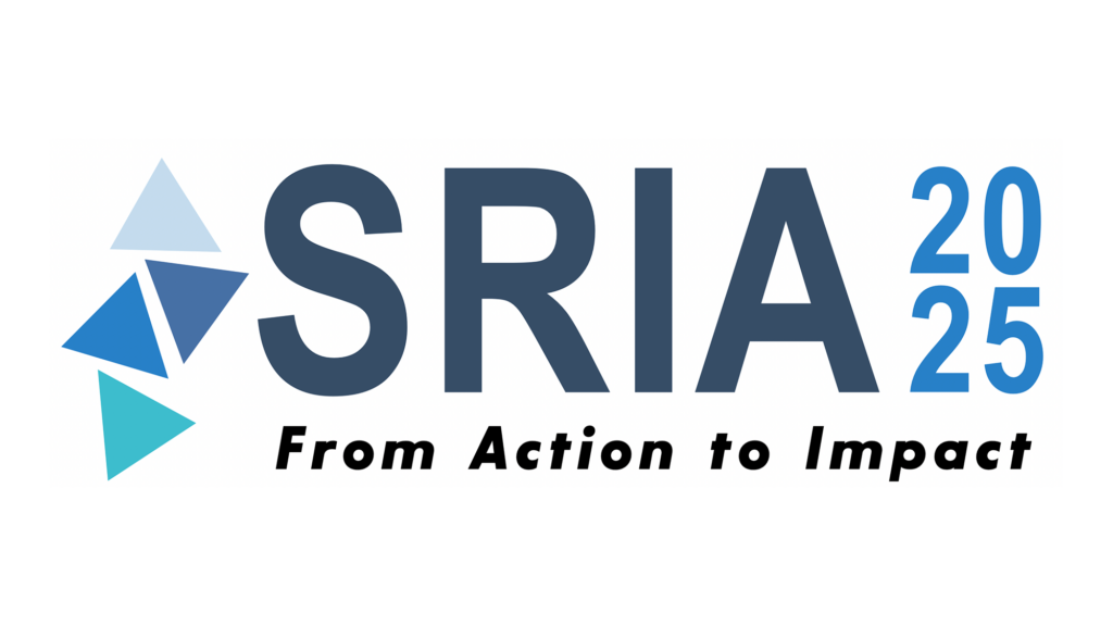 Logo with geometric shapes on the left and large text SRIA 2025 on the right. Below, in italic text, it says From Action to Impact. The design features blue tones on a white background, highlighting this leading Education Conference.