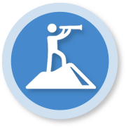 A white icon of a person standing on a mountain peak looking through a telescope, symbolizing the Portrait of a Graduate, set against a blue circular background with a light blue border.