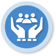 A blue circular icon with two white hands cupping three stylized human figures, symbolizing care, support, or community protection in line with a Portrait of a Graduate and education goals.