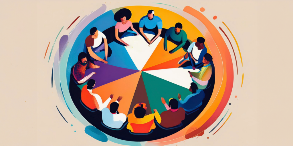 A diverse group of people sits in a circle, each occupying a colorful segment of a pie chart, symbolizing community, collaborative practices, and inclusion, with vibrant abstract patterns surrounding the group.