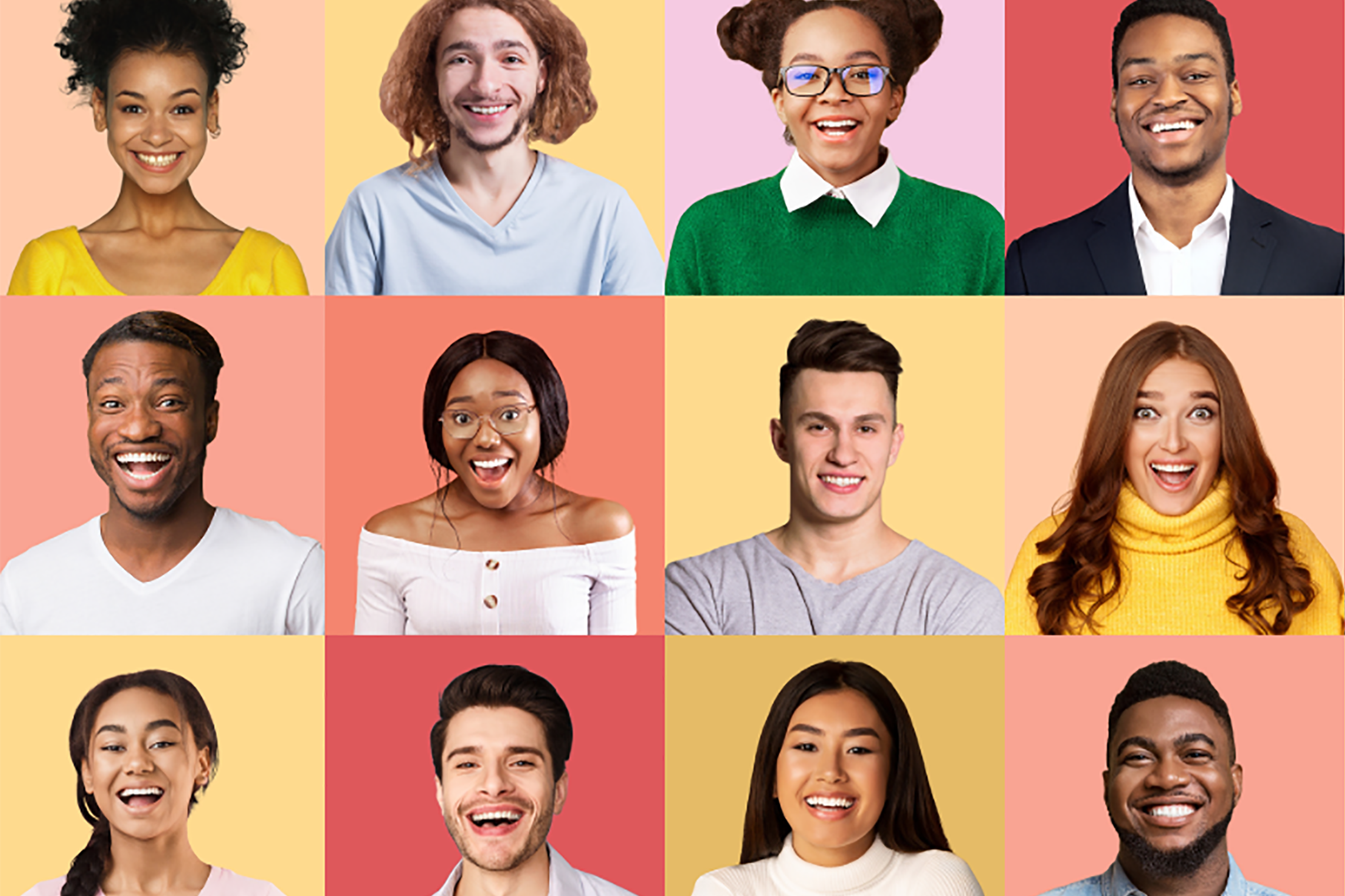 A grid of twelve diverse people, each smiling or laughing, with different hairstyles, clothing, and backgrounds in shades of yellow, pink, orange, and peach.