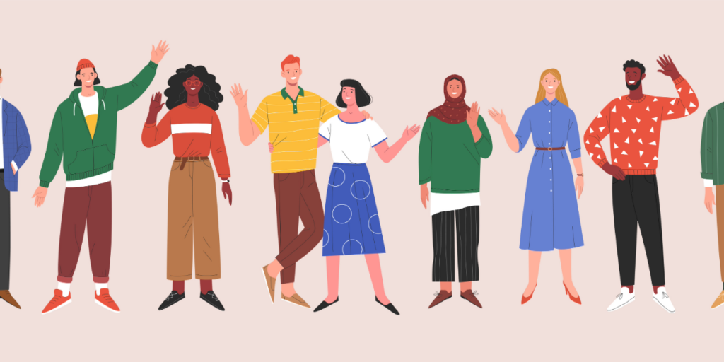 A diverse group of seven people stand in a row, smiling and waving. Their various outfits, hairstyles, and backgrounds reflect inclusion and diversity, embodying the spirit of anti-racism.