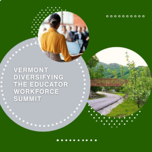 Green background with two circular photos—one of a person speaking to an audience, and one of a scenic road with trees. Text reads Vermont Diversifying the Educator Workforce Summit, highlighting the importance of Thinking Classrooms.