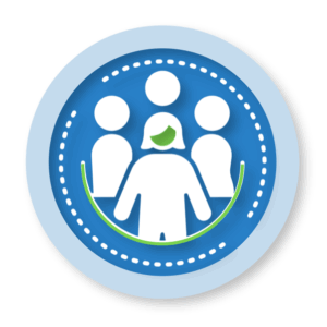 A blue circle, outlined in light blue, with an illustration of four stick figures, with one in the front, having a solid green face, side bangs and a bob, and three plain ones behind. There is also a green horseshoe-shaped line below the figures and two dotted white lines around the entire illustration.