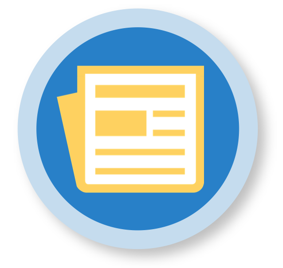 A blue circle, outlined in light blue, with a newspaper icon in yellow and white.