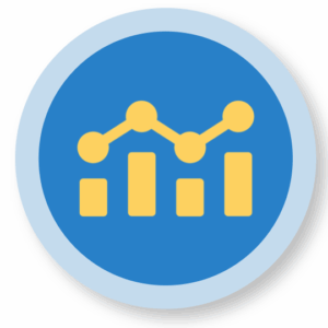 A blue circle, outlined in light blue, with a bar graph icon in yellow.