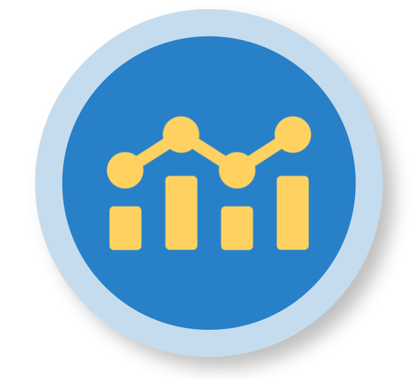 A blue circle, outlined in light blue, with a bar graph icon in yellow.